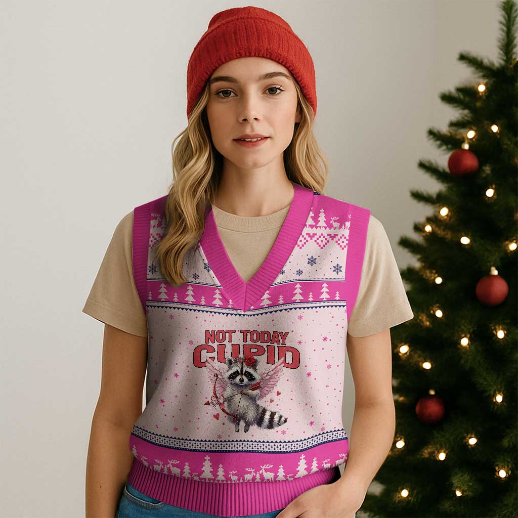 Funny Raccoon Cupid Anti Valentine V-Neck Knit Sweater Vest Not Today Cupid TS12 Hot Pink Print Your Wear