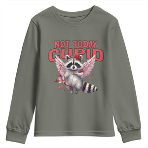 Funny Raccoon Cupid Anti Valentine Youth Sweatshirt Not Today Cupid TS12 Military Green Print Your Wear