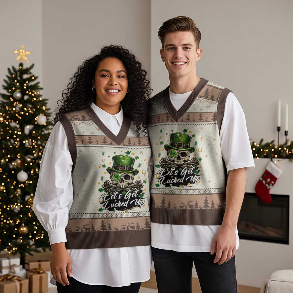 Lets Get Lucked Up V-Neck Knit Sweater Vest Lucky Skeleton St Patricks Day TS12 Mocha Mousse Print Your Wear