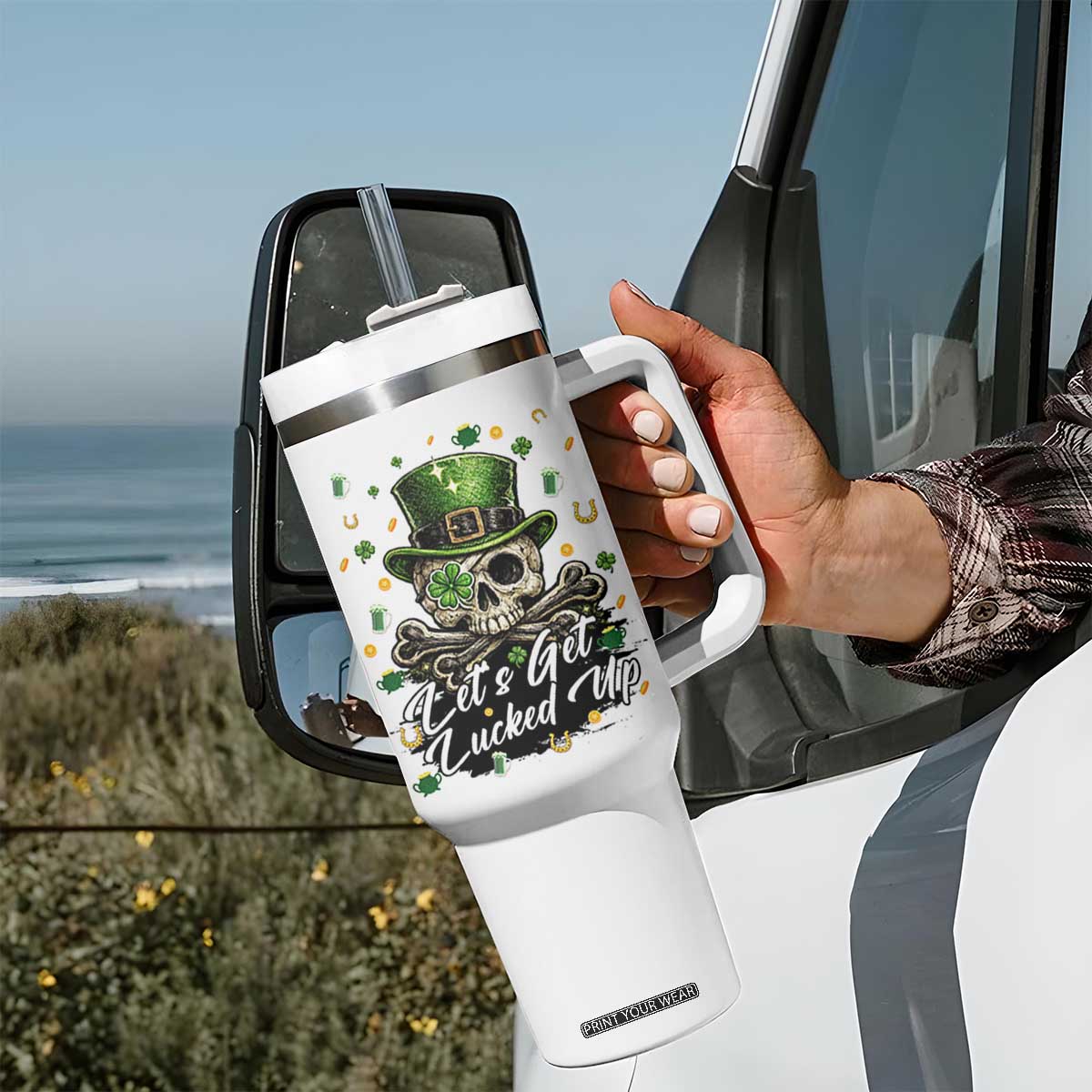 Lets Get Lucked Up Tumbler With Handle Lucky Skeleton St Patricks Day TS12 Print Your Wear