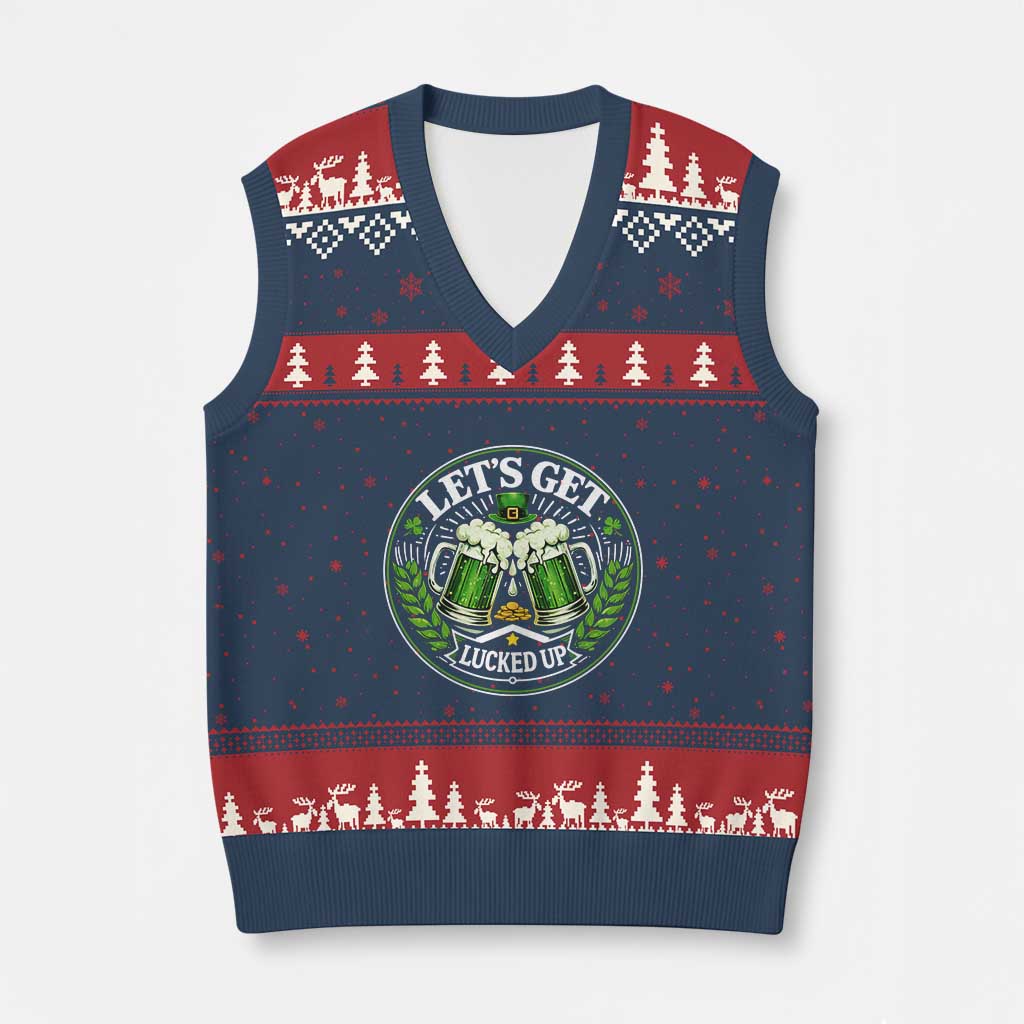 Lets Get Lucked Up V-Neck Knit Sweater Vest Funny Saint Patricks Day Lucky Drinking TS12 Navy Red Print Your Wear