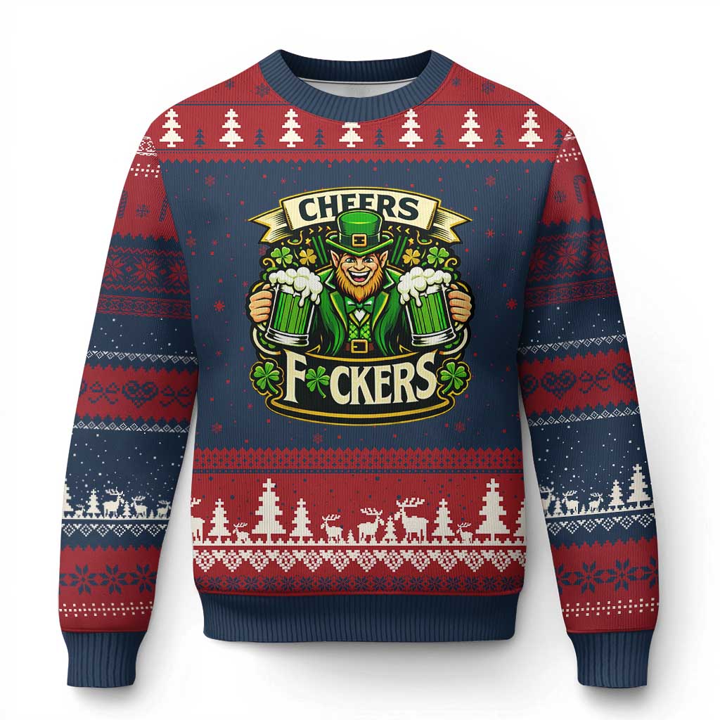 Cheers Fckers Ugly Christmas Sweater Funny Leprechaun St Patricks Day Party TS12 Navy Red Print Your Wear