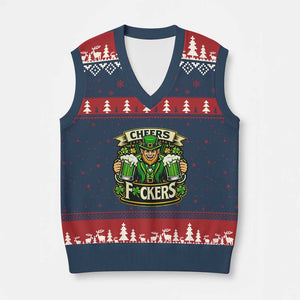 Cheers Fckers V-Neck Knit Sweater Vest Funny Leprechaun St Patricks Day Party TS12 Navy Red Print Your Wear
