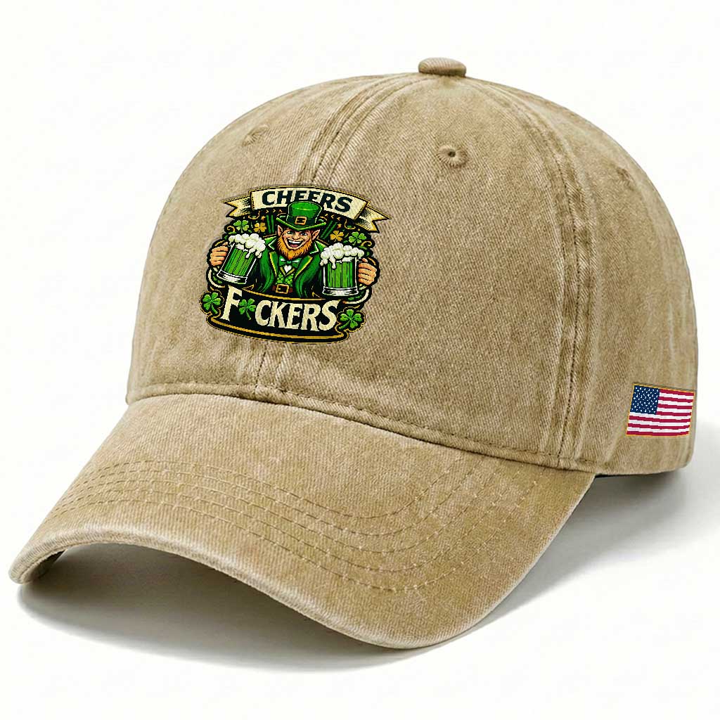 Cheers Fckers Washed Cotton Baseball Cap Funny Leprechaun St Patricks Day Party TS12 Print Your Wear