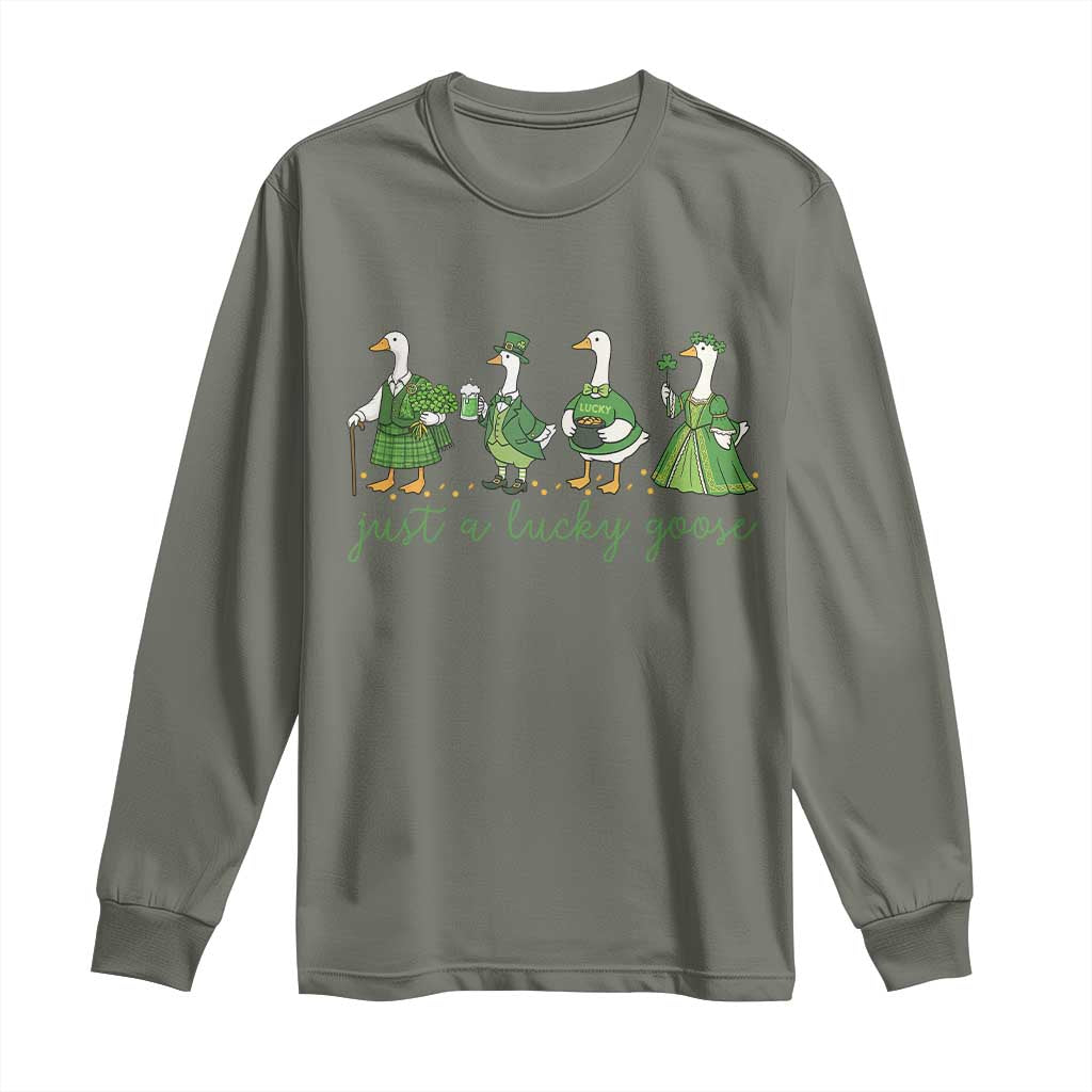 Just A Lucky Goose Long Sleeve Shirt Funny St Patricks Day Irish Gift TS12 Military Green Print Your Wear