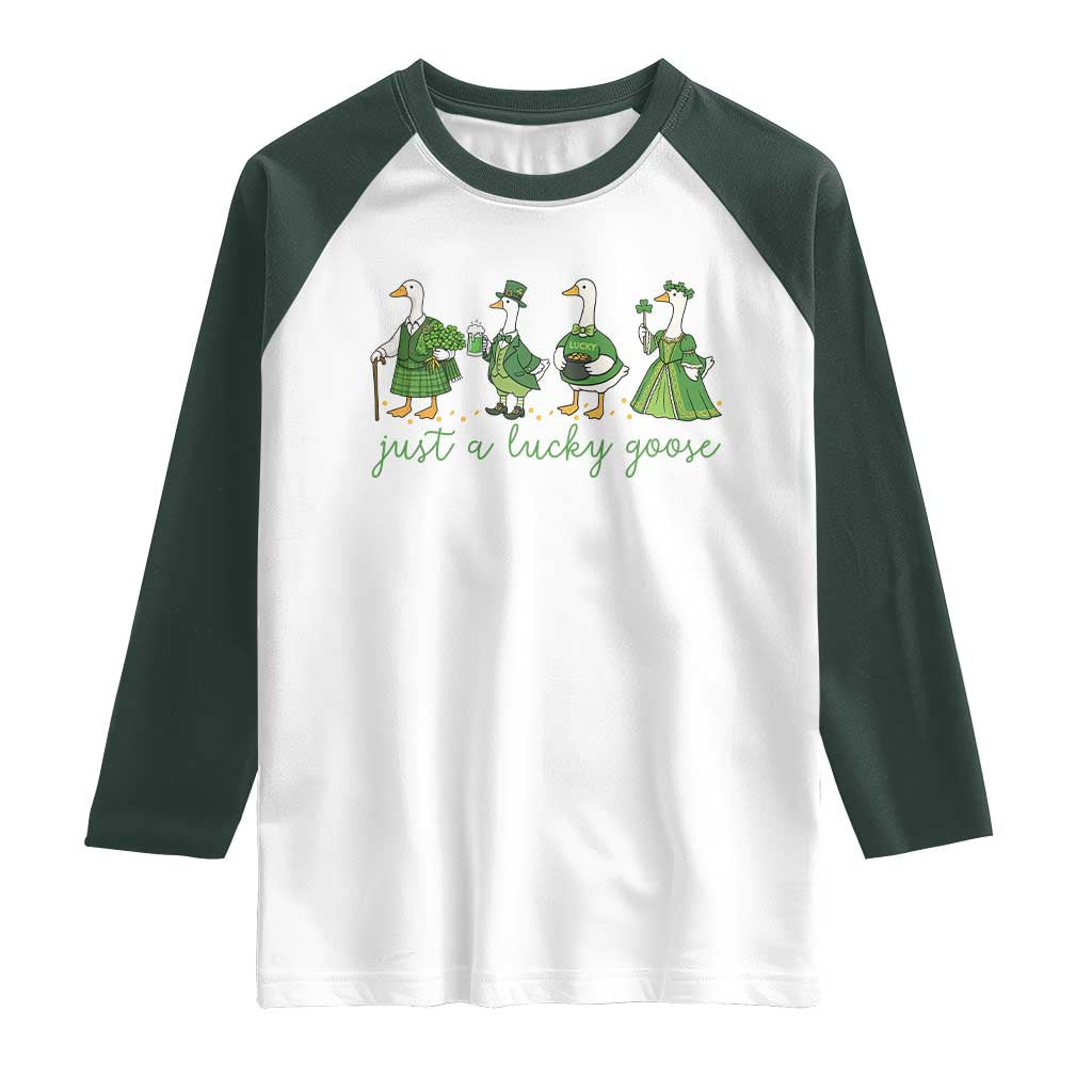 Just A Lucky Goose Raglan Shirt Funny St Patricks Day Irish Gift TS12 White Dark Forest Green Print Your Wear