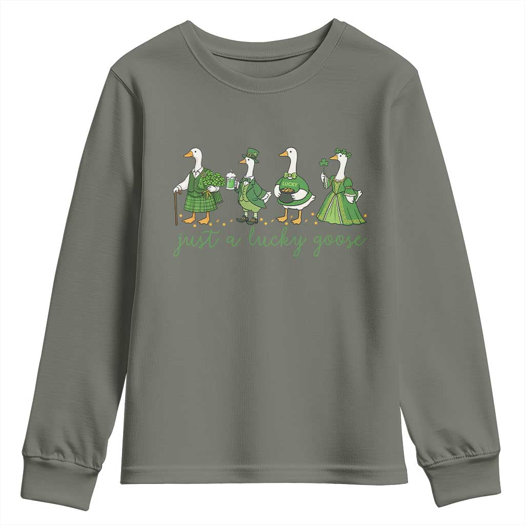 Just A Lucky Goose Youth Sweatshirt Funny St Patricks Day Irish Gift TS12 Military Green Print Your Wear