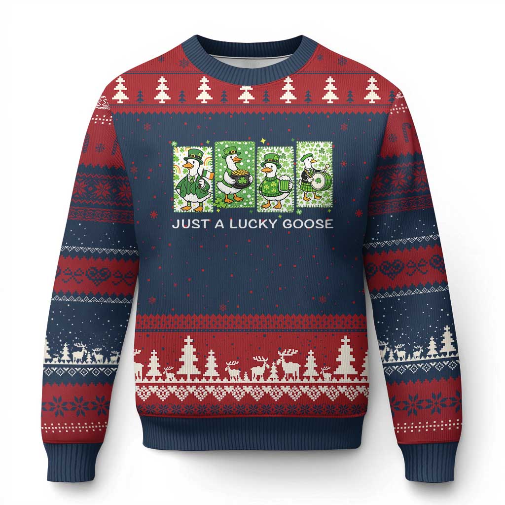 Just A Lucky Goose Ugly Christmas Sweater Funny Irish Crew St Patricks Day TS12 Navy Red Print Your Wear
