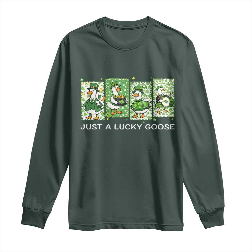 Just A Lucky Goose Long Sleeve Shirt Funny Irish Crew St Patricks Day TS12 Dark Forest Green Print Your Wear