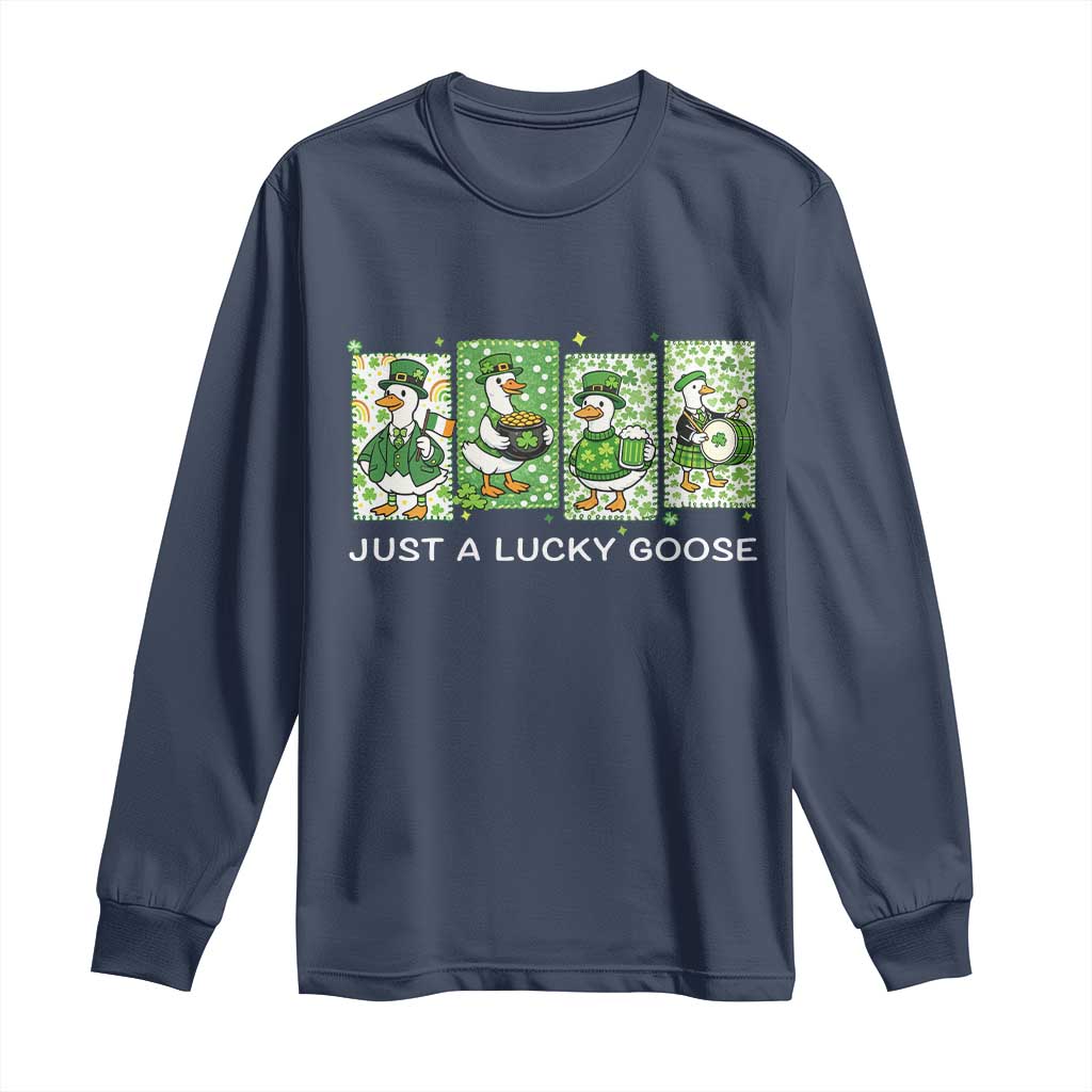 Just A Lucky Goose Long Sleeve Shirt Funny Irish Crew St Patricks Day TS12 Navy Print Your Wear