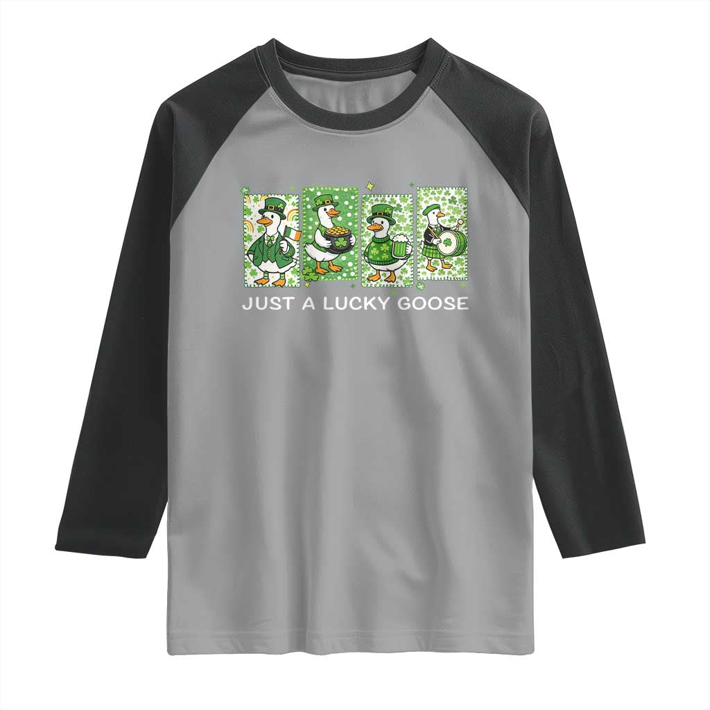Just A Lucky Goose Raglan Shirt Funny Irish Crew St Patricks Day TS12 Sport Gray Black Print Your Wear