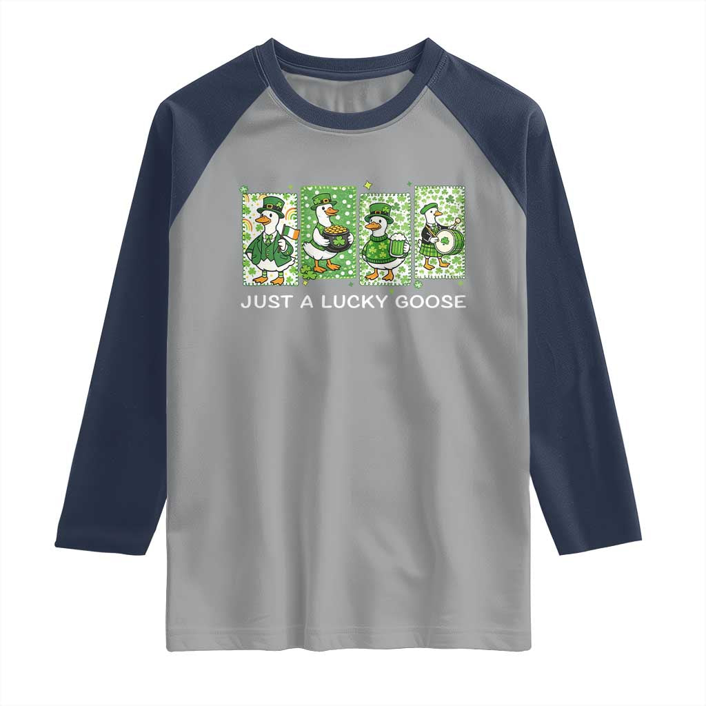 Just A Lucky Goose Raglan Shirt Funny Irish Crew St Patricks Day TS12 Sport Gray Navy Print Your Wear