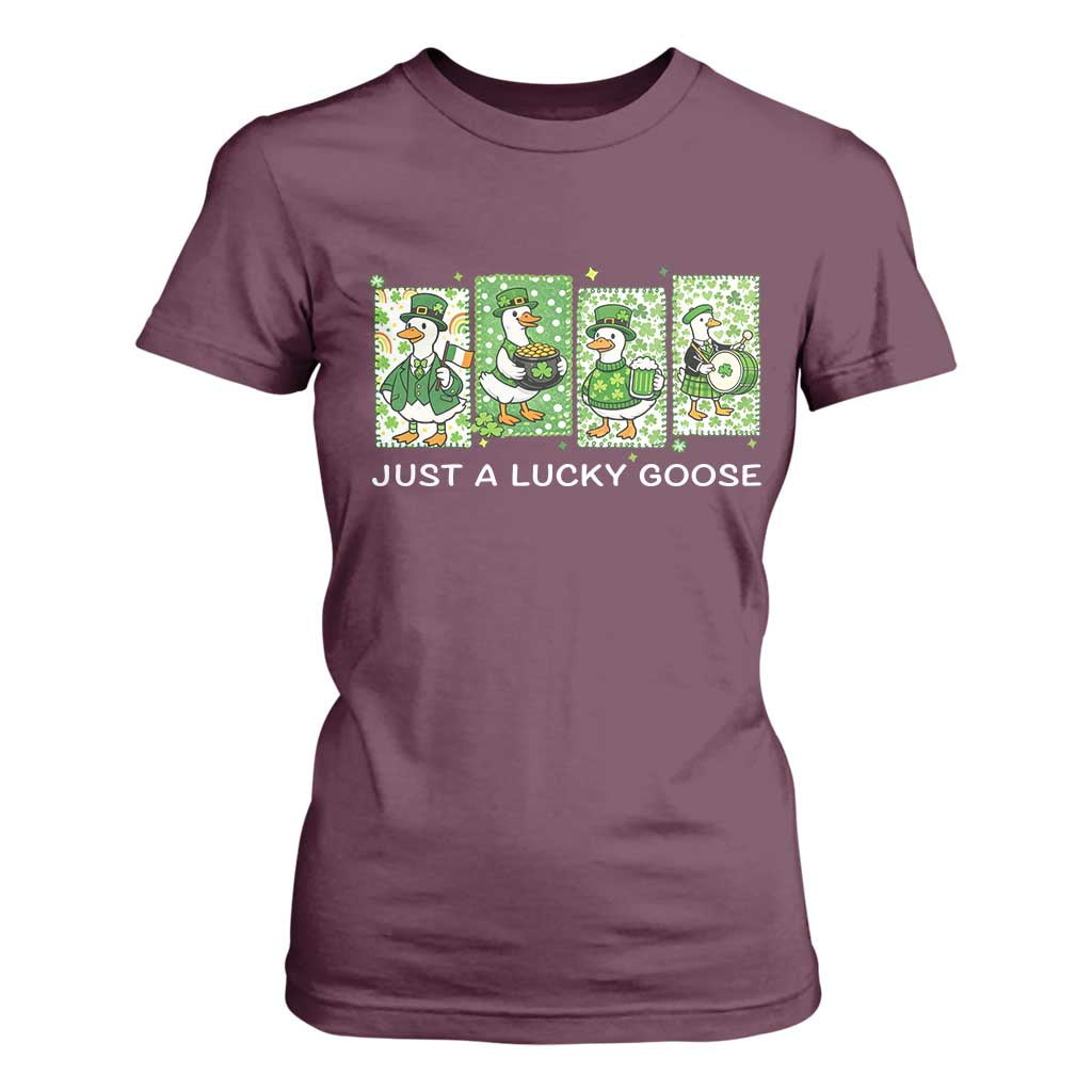 Just A Lucky Goose T Shirt For Women Funny Irish Crew St Patricks Day TS12 Maroon Print Your Wear