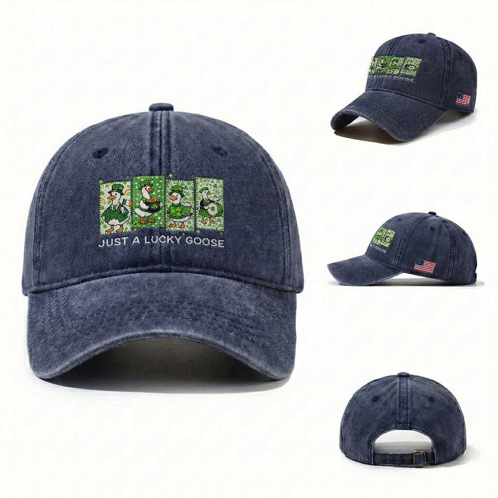 Just A Lucky Goose Washed Cotton Baseball Cap Funny Irish Crew St Patricks Day TS12 Washed Cap Universal Fit Navy Print Your Wear