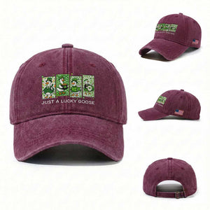 Just A Lucky Goose Washed Cotton Baseball Cap Funny Irish Crew St Patricks Day TS12 Washed Cap Universal Fit Burgundy Print Your Wear