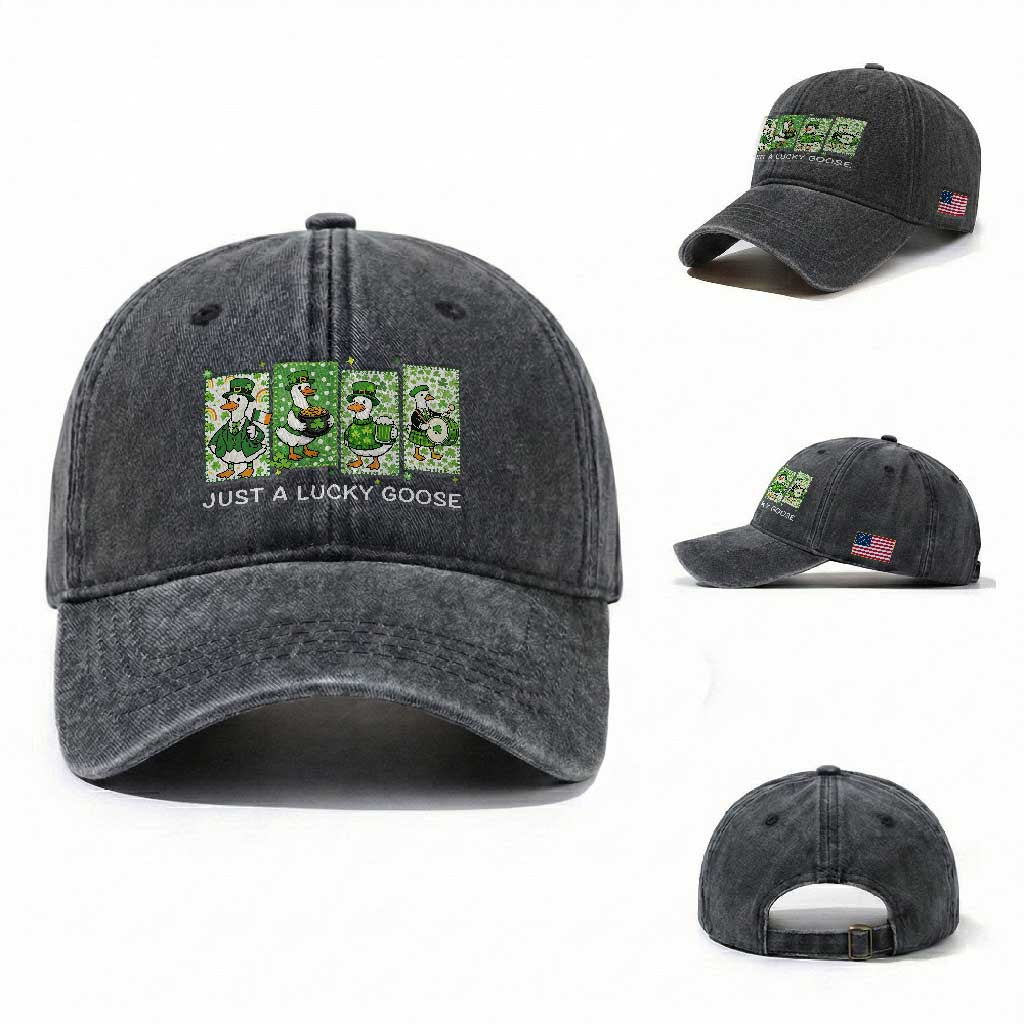 Just A Lucky Goose Washed Cotton Baseball Cap Funny Irish Crew St Patricks Day TS12 Washed Cap Universal Fit Dark Gray Print Your Wear