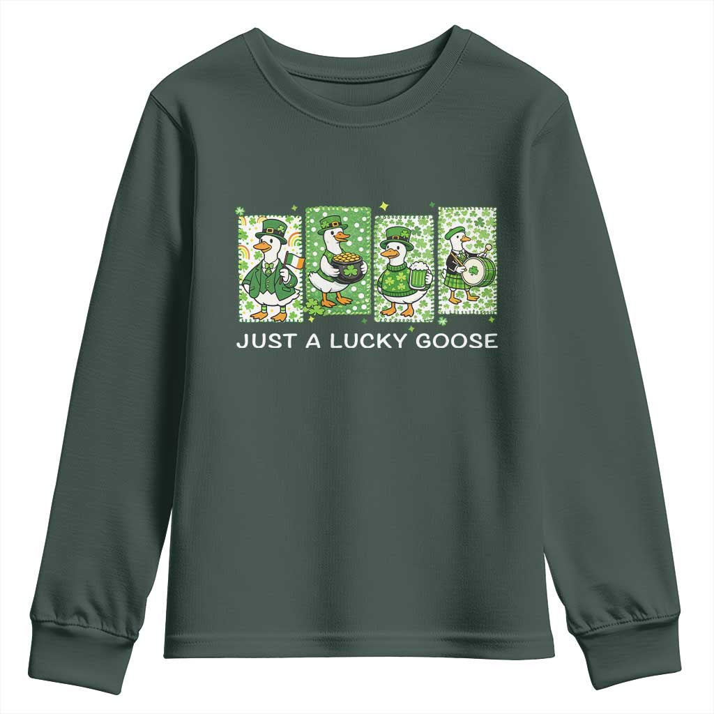 Just A Lucky Goose Youth Sweatshirt Funny Irish Crew St Patricks Day TS12 Dark Forest Green Print Your Wear