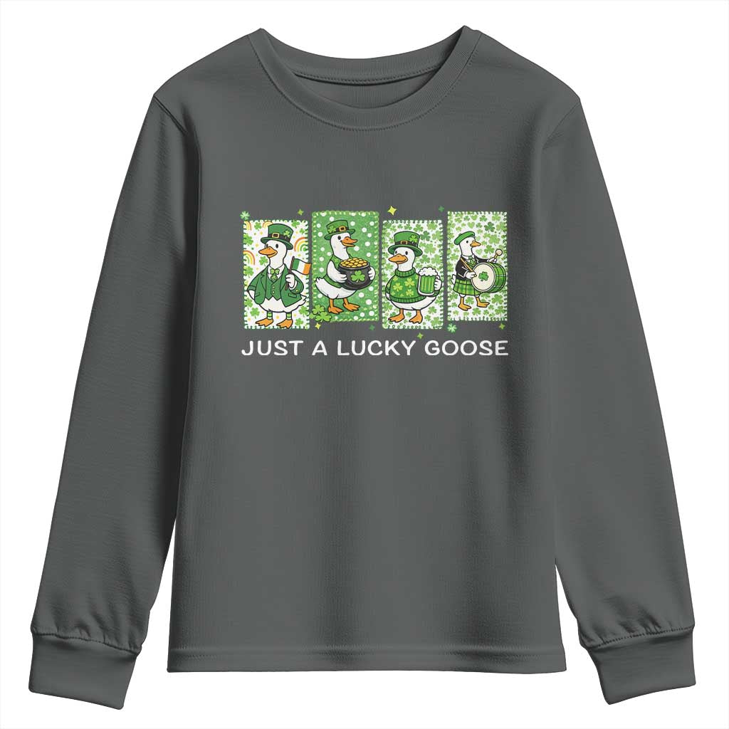 Just A Lucky Goose Youth Sweatshirt Funny Irish Crew St Patricks Day TS12 Dark Heather Print Your Wear