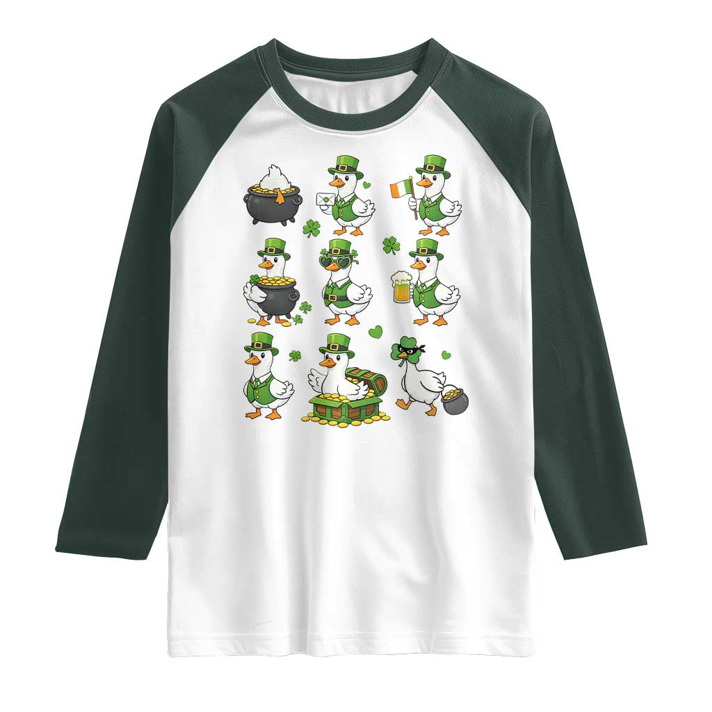 St Patricks Day Goose Crew Irish Celebration Raglan Shirt TS12 White Dark Forest Green Print Your Wear