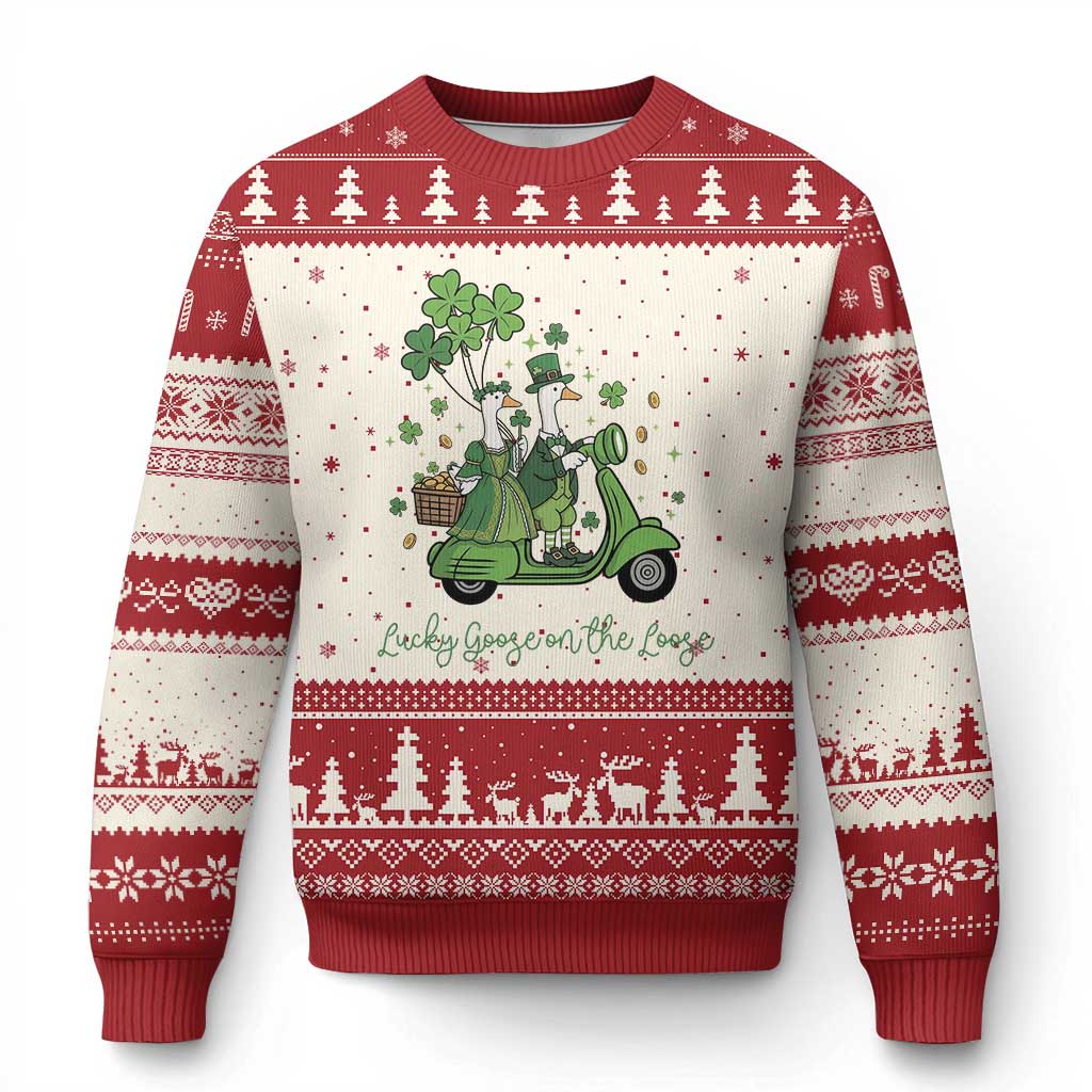 Lucky Goose On The Loose Ugly Christmas Sweater St Patricks Day Irish Pride TS12 Beige Red Print Your Wear