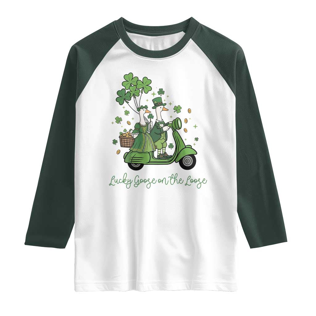Lucky Goose On The Loose Raglan Shirt St Patricks Day Irish Pride TS12 White Dark Forest Green Print Your Wear