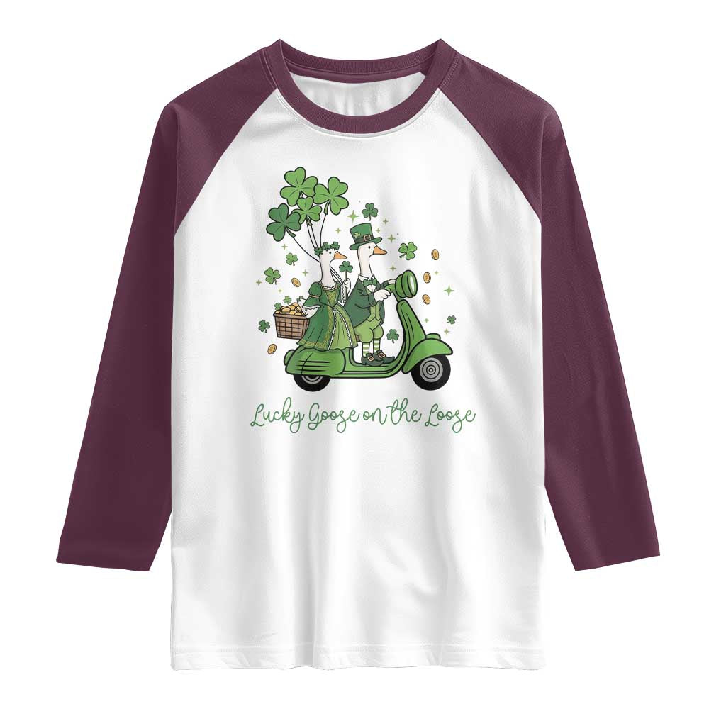 Lucky Goose On The Loose Raglan Shirt St Patricks Day Irish Pride TS12 White Maroon Print Your Wear