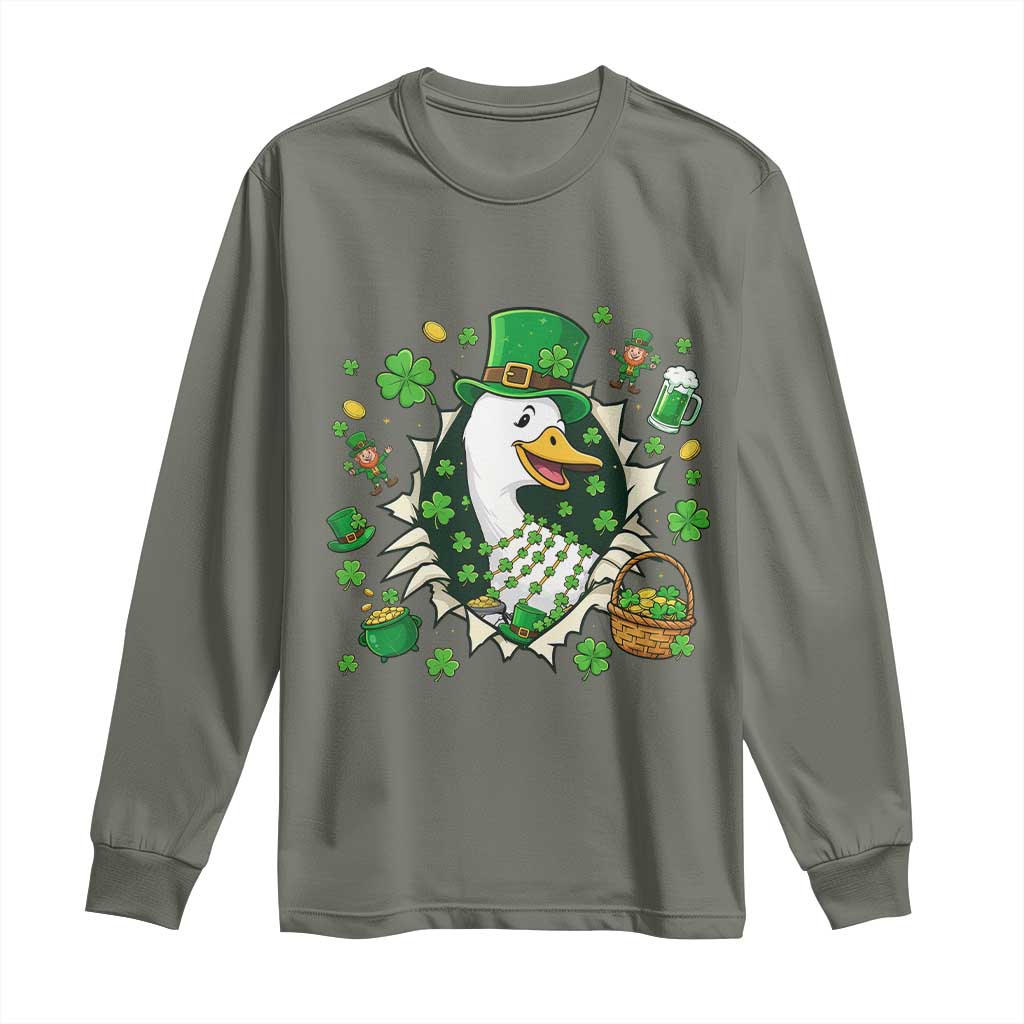 Funny Silly Irish Goose Long Sleeve Shirt St Patricks Day Celebration TS12 Military Green Print Your Wear