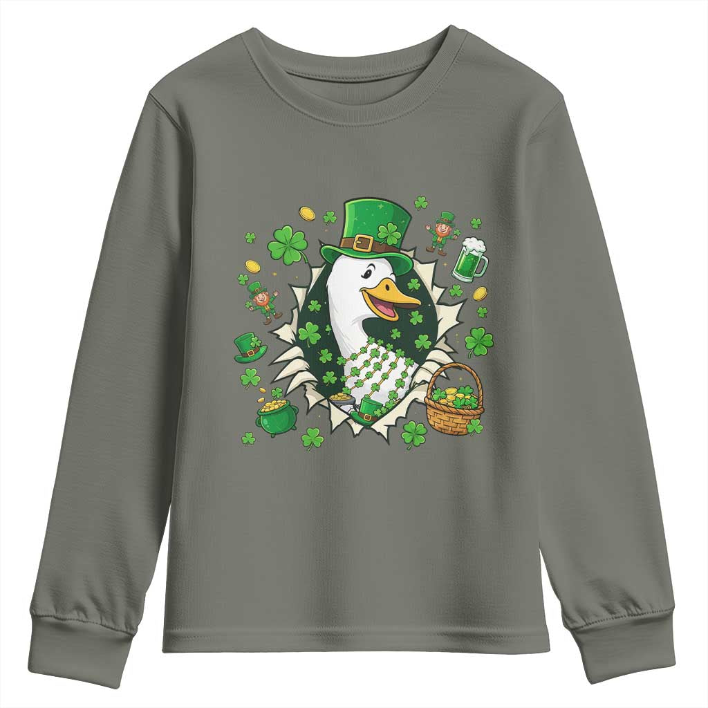 Funny Silly Irish Goose Youth Sweatshirt St Patricks Day Celebration TS12 Military Green Print Your Wear
