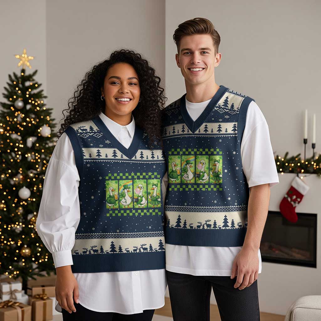 Funny Silly Irish Goose V-Neck Knit Sweater Vest St Patricks Day Goose Lover Gift TS12 Navy Beige Print Your Wear