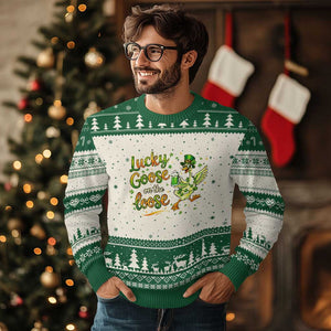 Retro Clover Duck Ugly Christmas Sweater Lucky Goose On The Loose TS12 Beige Green Print Your Wear