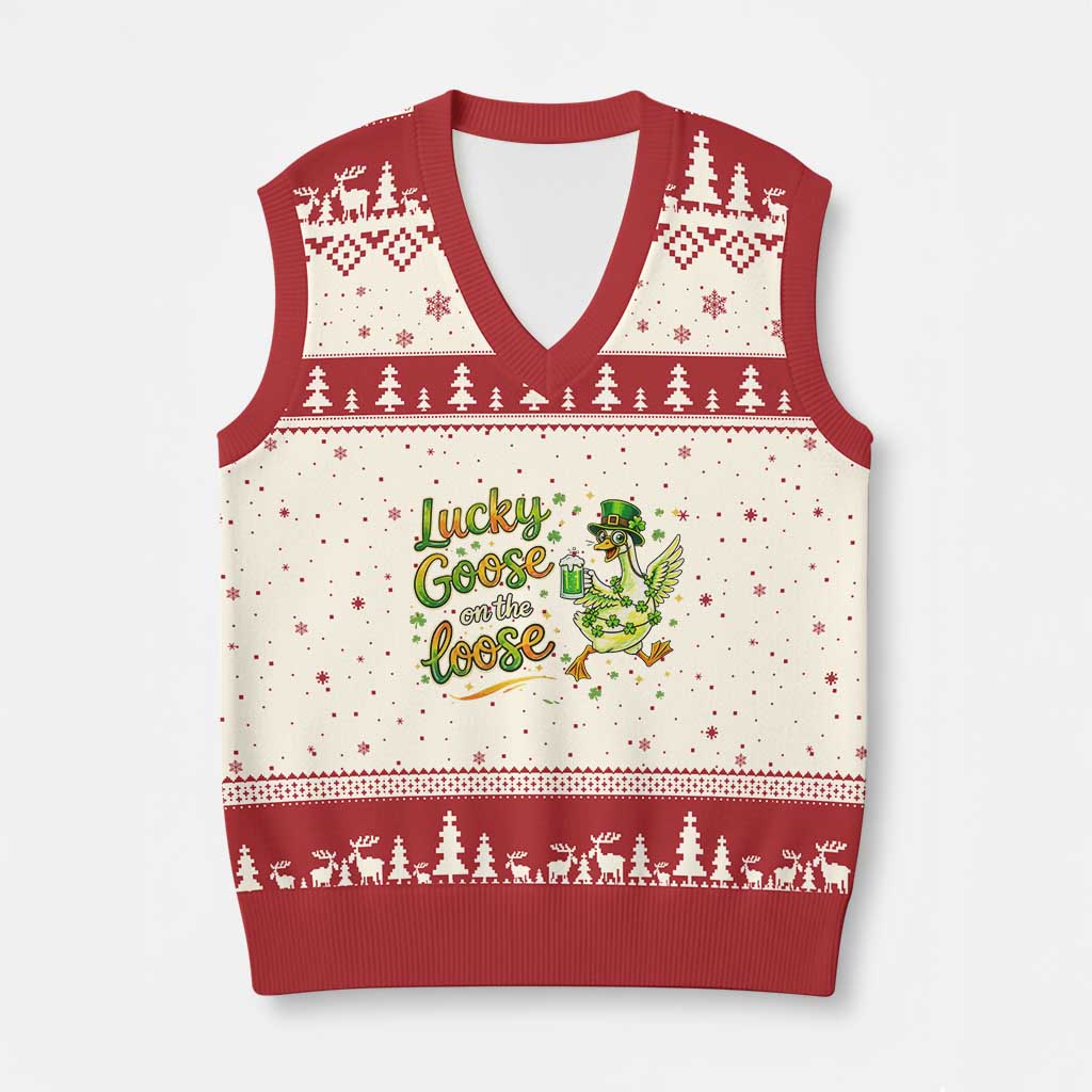 Retro Clover Duck V-Neck Knit Sweater Vest Lucky Goose On The Loose TS12 Beige Red Print Your Wear