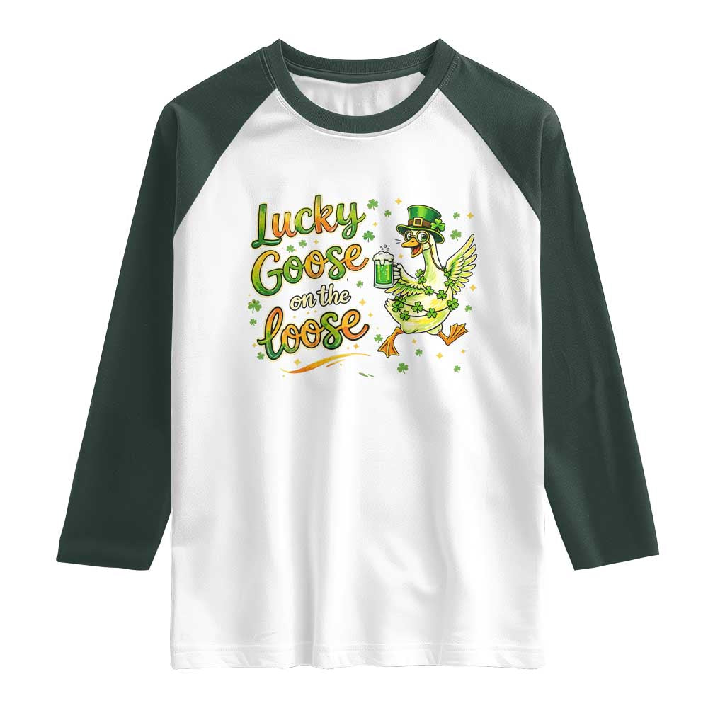 Retro Clover Duck Raglan Shirt Lucky Goose On The Loose TS12 White Dark Forest Green Print Your Wear
