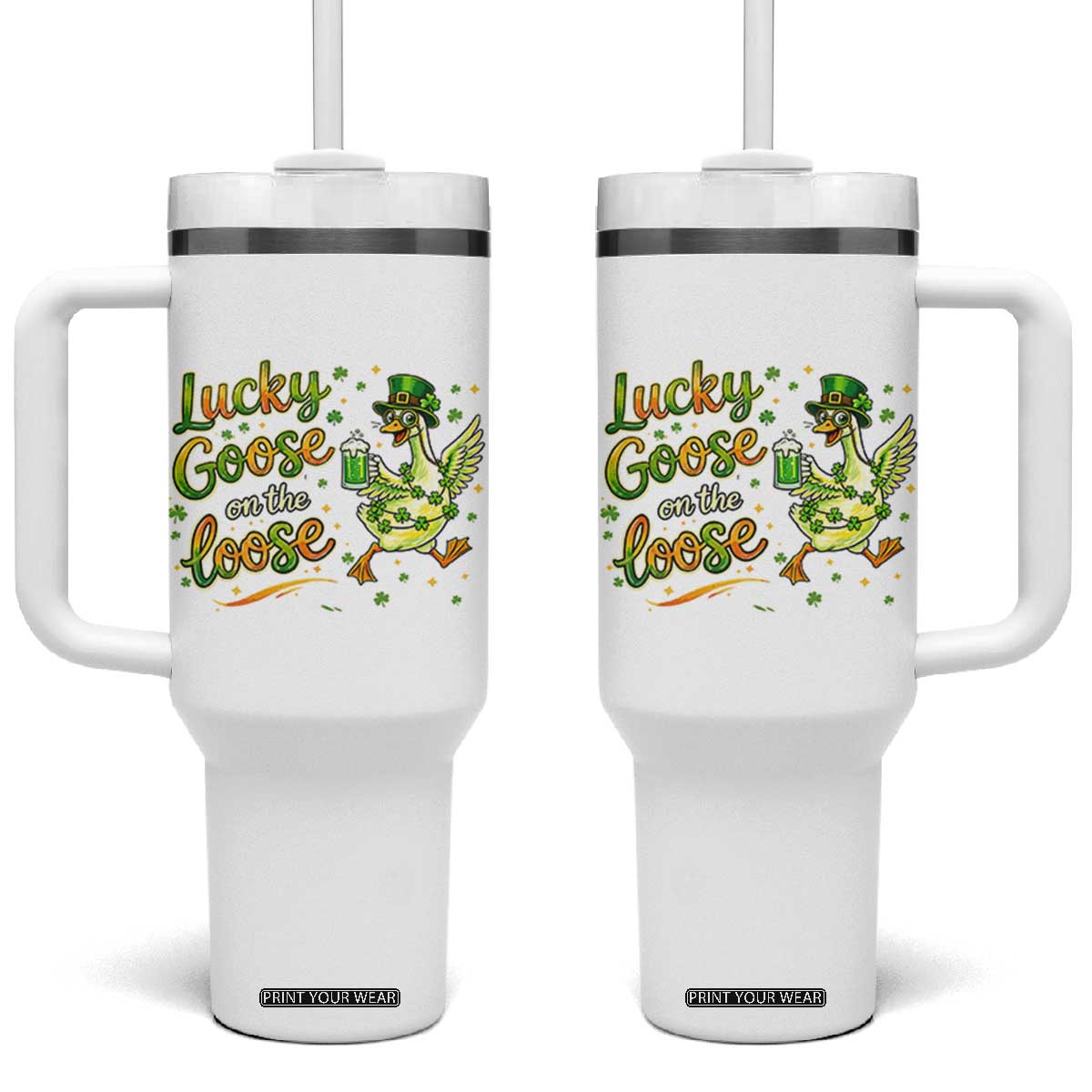 Retro Clover Duck Tumbler With Handle Lucky Goose On The Loose TS12 One Size: 40 oz White Print Your Wear