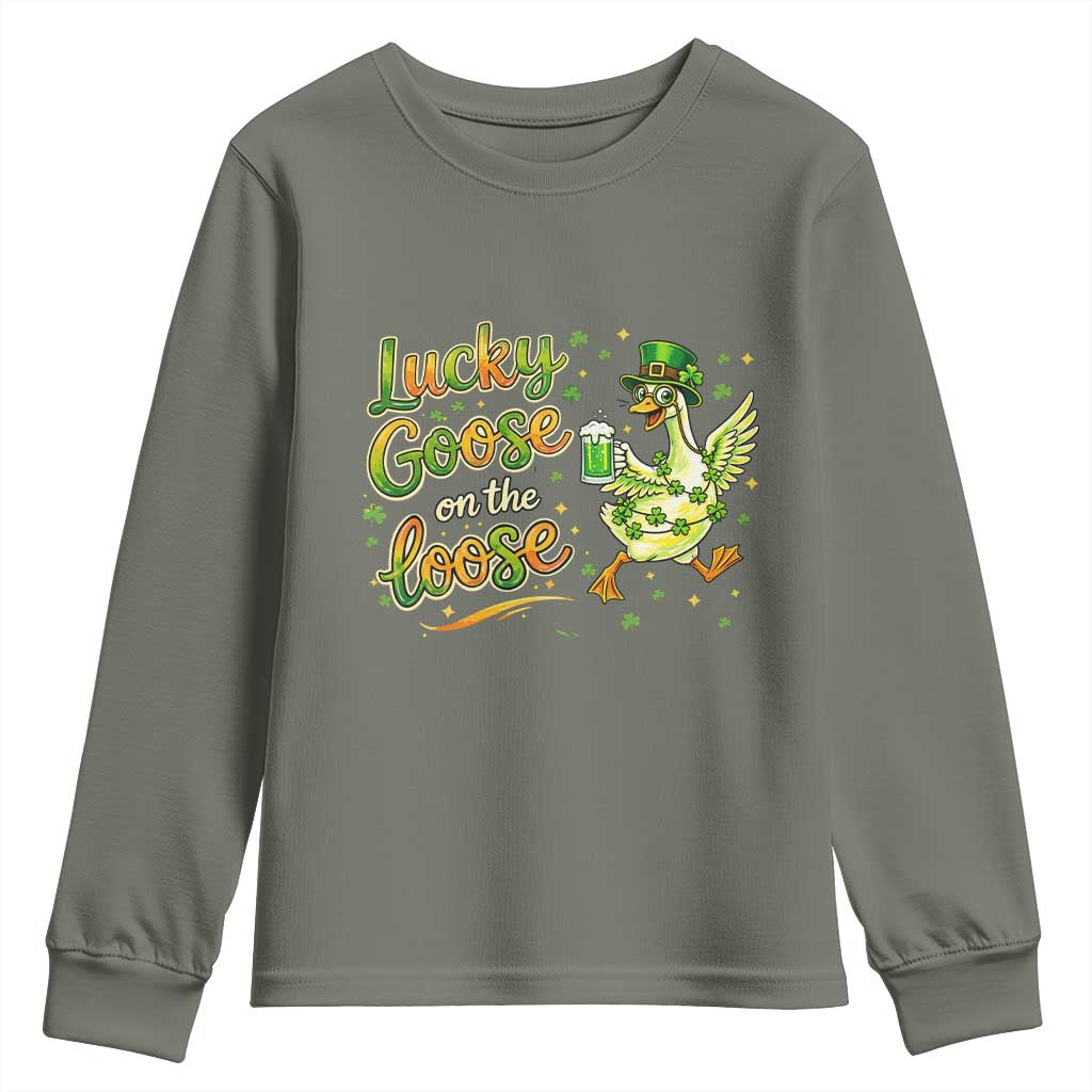 Retro Clover Duck Youth Sweatshirt Lucky Goose On The Loose TS12 Military Green Print Your Wear