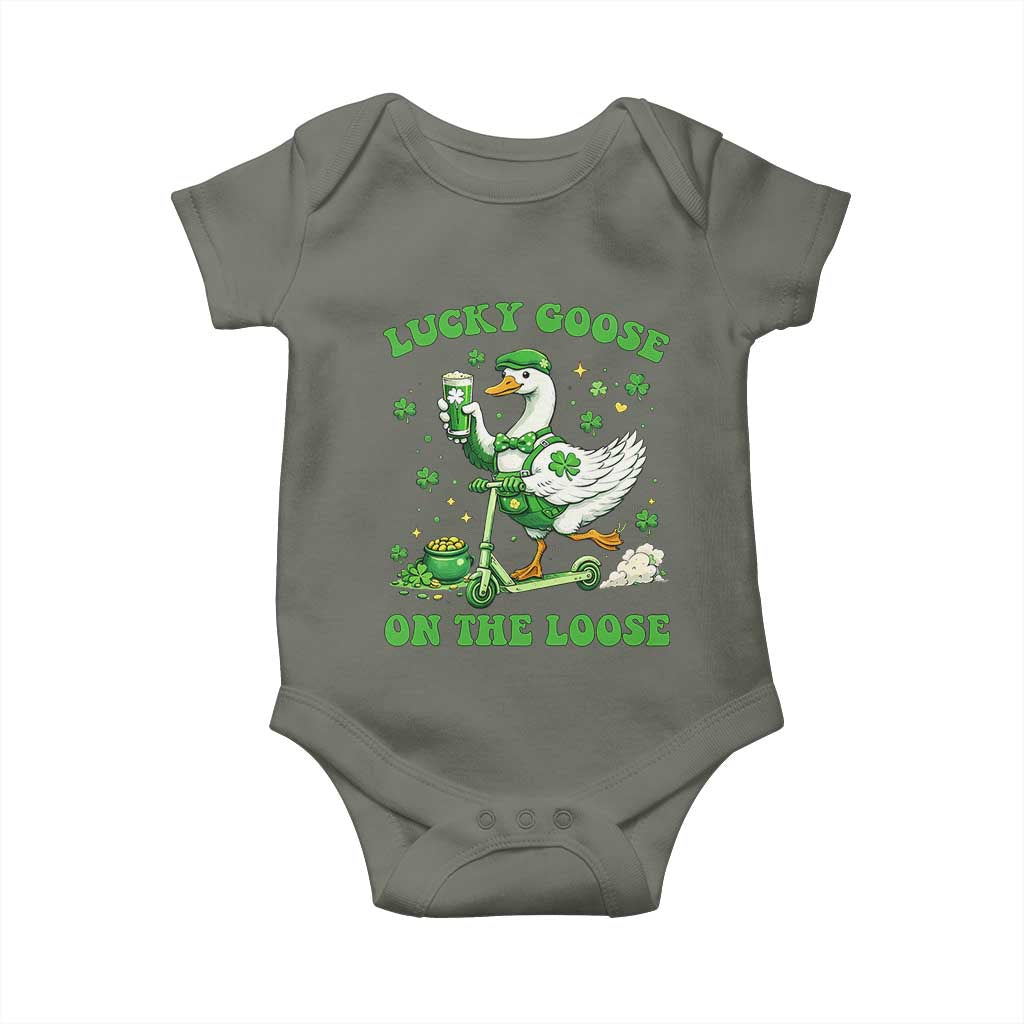 Funny Irish Goose Lover Baby Onesie Lucky Goose On The Loose TS12 Military Green Print Your Wear