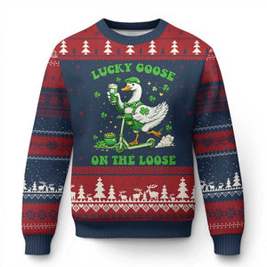 Funny Irish Goose Lover Ugly Christmas Sweater Lucky Goose On The Loose TS12 Navy Red Print Your Wear
