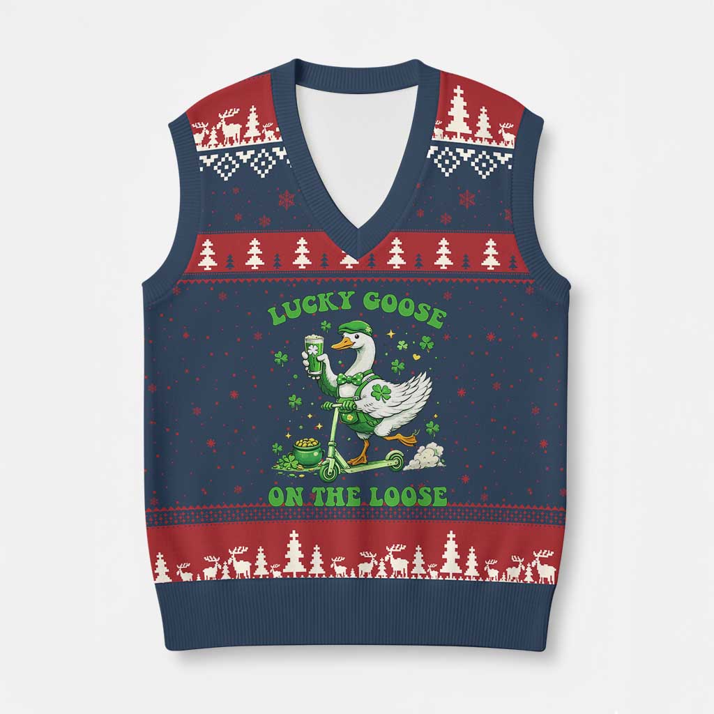 Funny Irish Goose Lover V-Neck Knit Sweater Vest Lucky Goose On The Loose TS12 Navy Red Print Your Wear