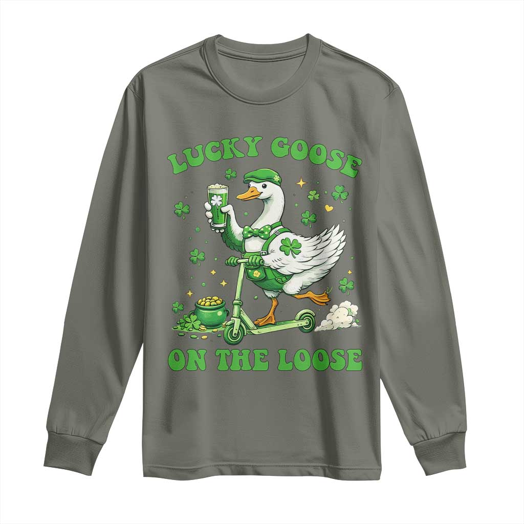 Funny Irish Goose Lover Long Sleeve Shirt Lucky Goose On The Loose TS12 Military Green Print Your Wear