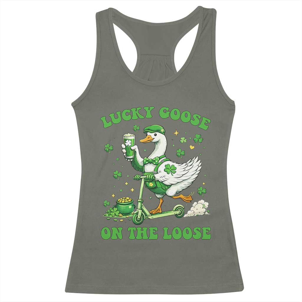 Funny Irish Goose Lover Racerback Tank Top Lucky Goose On The Loose TS12 Military Green Print Your Wear