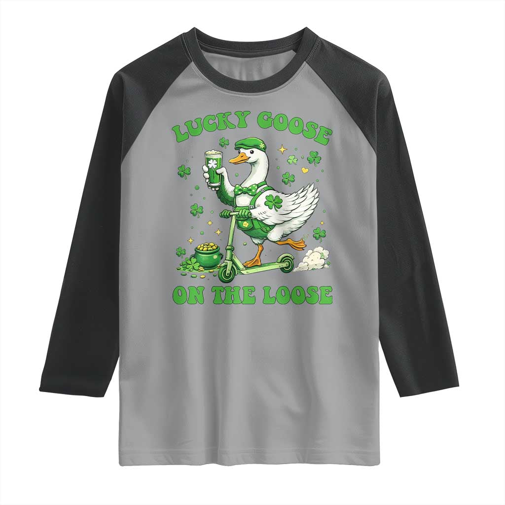 Funny Irish Goose Lover Raglan Shirt Lucky Goose On The Loose TS12 Sport Gray Black Print Your Wear