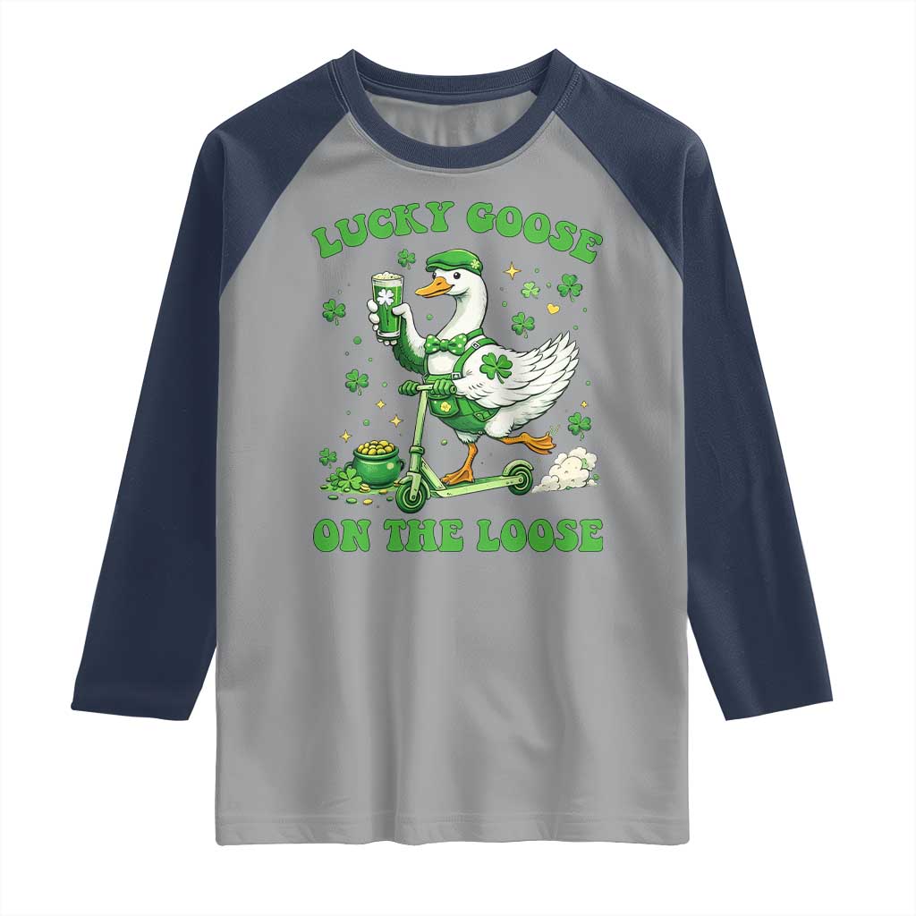 Funny Irish Goose Lover Raglan Shirt Lucky Goose On The Loose TS12 Sport Gray Navy Print Your Wear