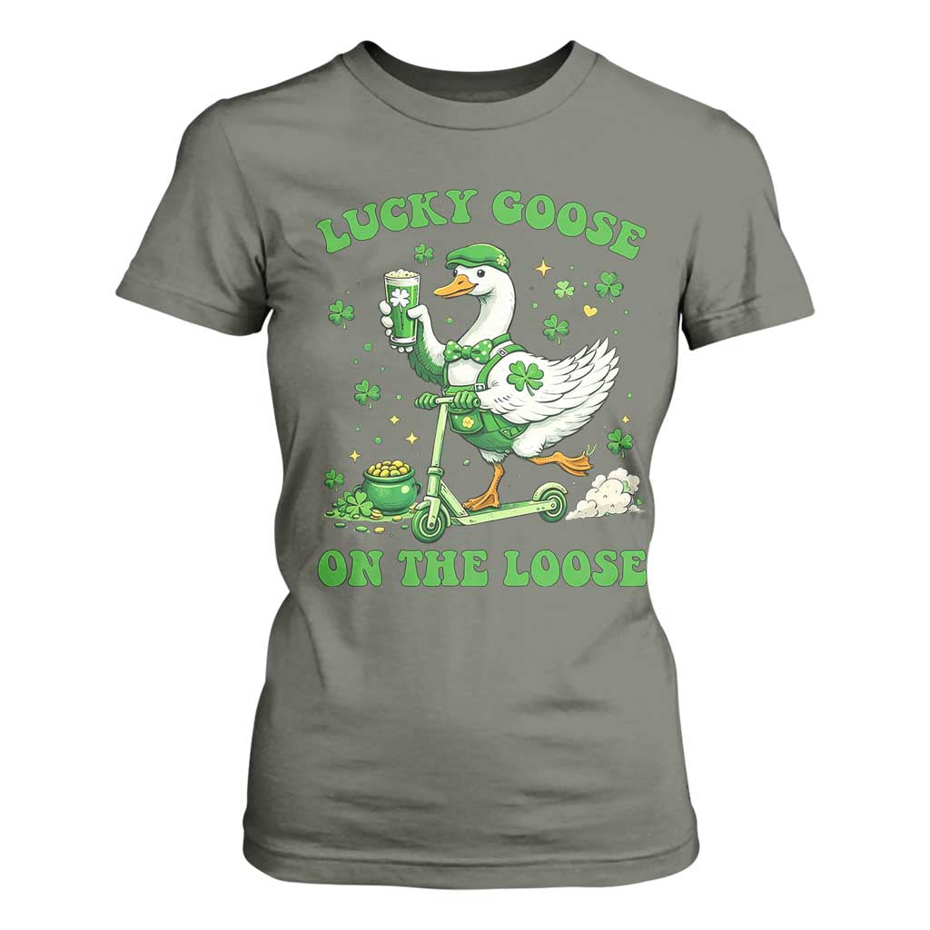 Funny Irish Goose Lover T Shirt For Women Lucky Goose On The Loose TS12 Military Green Print Your Wear