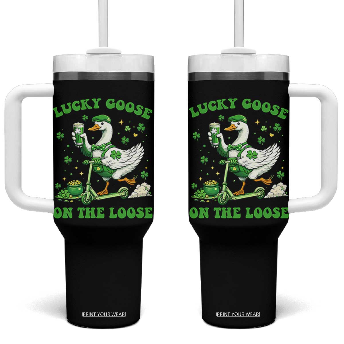 Funny Irish Goose Lover Tumbler With Handle Lucky Goose On The Loose TS12 One Size: 40 oz Black Print Your Wear