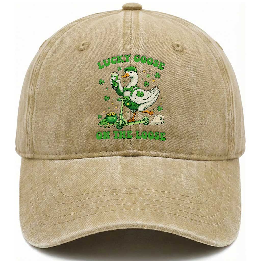 Funny Irish Goose Lover Washed Cotton Baseball Cap Lucky Goose On The Loose TS12 Print Your Wear