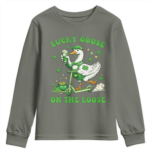 Funny Irish Goose Lover Youth Sweatshirt Lucky Goose On The Loose TS12 Military Green Print Your Wear