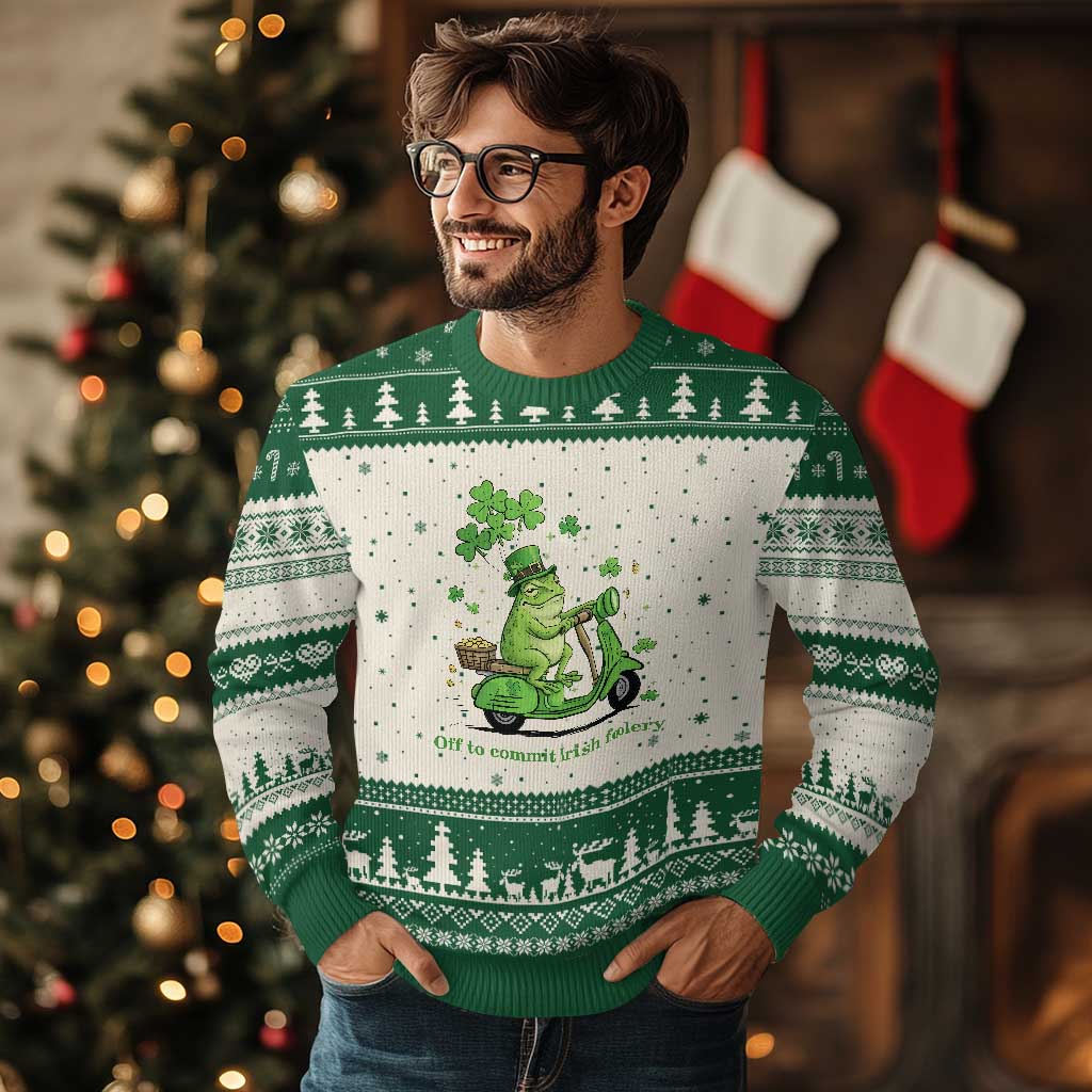 Funny Irish Frog Off To Commit Foolery Ugly Christmas Sweater St Patricks Day Gift TS12 Beige Green Print Your Wear