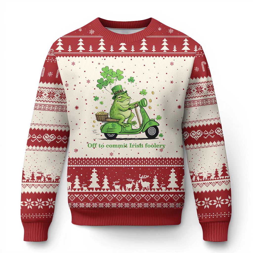 Funny Irish Frog Off To Commit Foolery Ugly Christmas Sweater St Patricks Day Gift TS12 Beige Red Print Your Wear