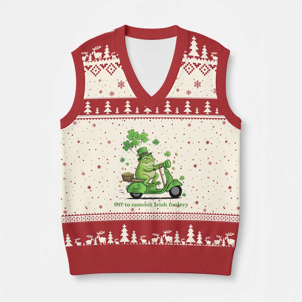 Funny Irish Frog Off To Commit Foolery V-Neck Knit Sweater Vest St Patricks Day Gift TS12 Beige Red Print Your Wear