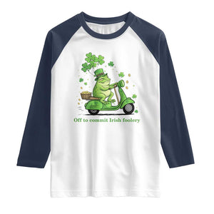 Funny Irish Frog Off To Commit Foolery Raglan Shirt St Patricks Day Gift TS12 White Navy Print Your Wear