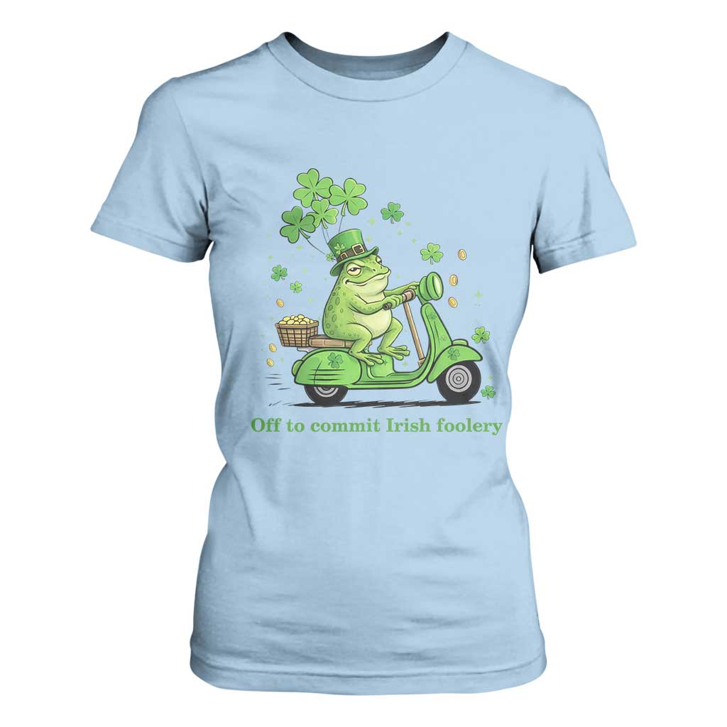 Funny Irish Frog Off To Commit Foolery T Shirt For Women St Patricks Day Gift TS12 Light Blue Print Your Wear